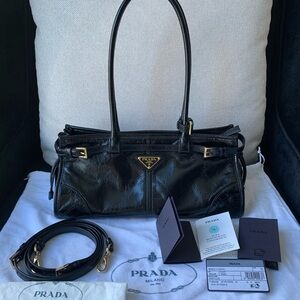 Prada Black Glossy Calfskin Medium Bonnie Shoulder Bag